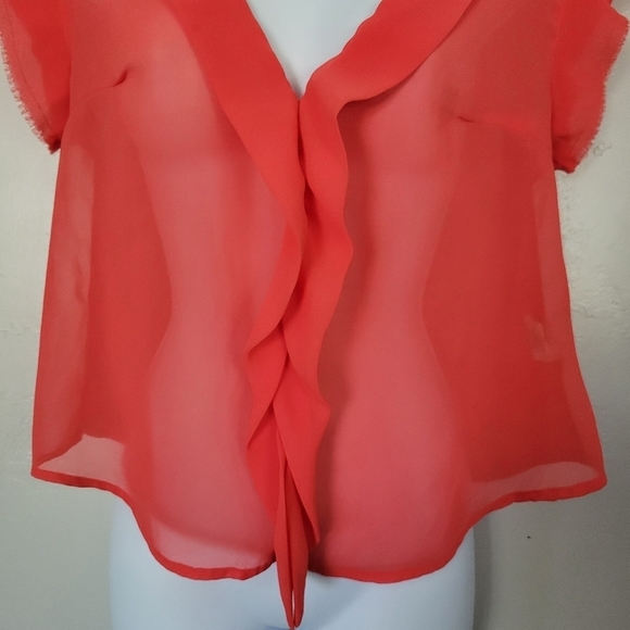 Pins and Needles Small Coral Red Short Sleeve Blouse Linen Blend Chiffon Ruffle - Picture 3 of 8